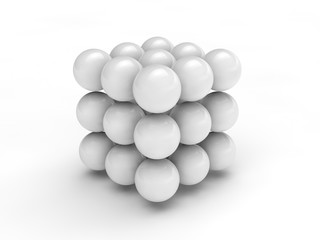 the image of a cube formed by balls, spheres, white, isolated on white background. Abstraction on a white background. 3D rendering