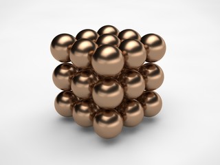 the image of a cube formed by bronze balls with scratches on the surface, isolated on a white background. Abstraction 3D rendering. The symbol of order, harmony