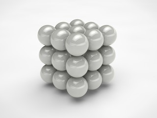 the image of a cube formed by balls, spheres, white, isolated on white background. Abstraction on a white background. 3D rendering