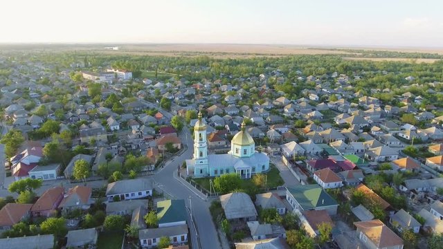 Aerial footage of Vilkovo city center - top view of church in summer, Odessa region, Ukraine