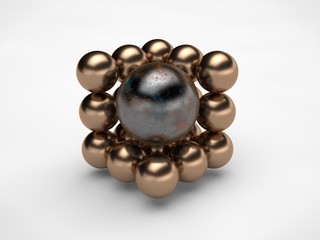the image of half of a cube formed by bronze balls, spheres and one large bronze metal with scratches sphere isolated on white background. Abstraction 3D rendering. The symbol of order, harmony