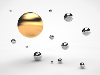 the image of the array floating in space gold and silver spheres of different size balls with scratches on the surface, the idea of order. Illustration on white background. 3D rendering