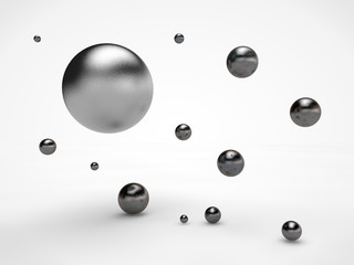 the image array flying in the space of the old iron spheres of different sizes, balls with spots and scratches on the surface, the idea of order. Illustration on white background. 3D rendering