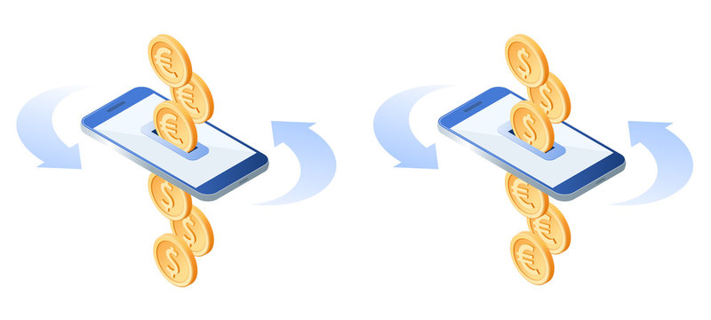 The exchange of euros to dollars. The currency conversion process. Flat vector isometric illustration of euro coins, metal dollars, smart phone. The mobile banking, money, business, transfer concept.