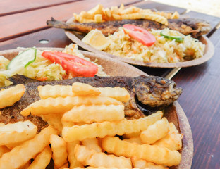 Fish (trout) and chips with a side salad