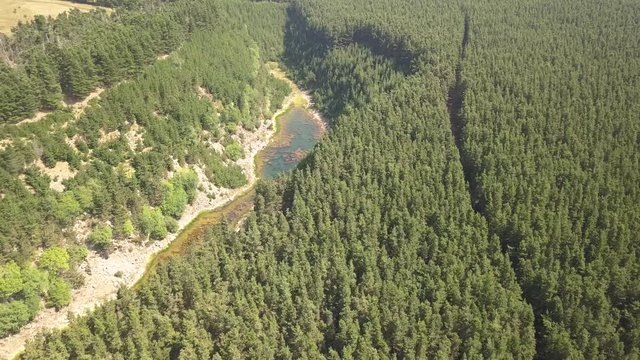 Aerial drone view flying over a forest revealing a narrow canyon containing a lake (Blaencuffin, Wales)