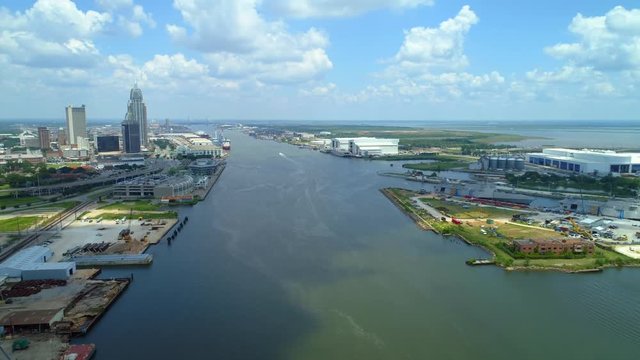 Aerial footage Mobile River Alabama port harbor