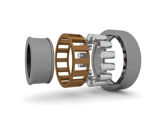 The image roller bearings on white background, closeup. The bearing is disassembled into elements. A graphic illustration of the bearing device. 3D rendering. Isolated, on white background