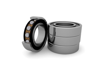 Image of ball bearings closeup on white background isolated. One bearing in the section. Illustration of mechanism parts, gears, gear boxes. 3D rendering