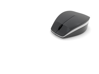 The image of a computer mouse, close-up, isolated on white background. Mouse wireless, Bluetooth connection, black. 3D rendering