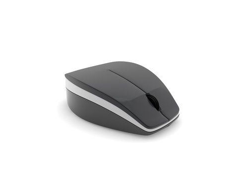 The image of a computer mouse, close-up, isolated on white background. Mouse wireless, Bluetooth connection, black. 3D rendering
