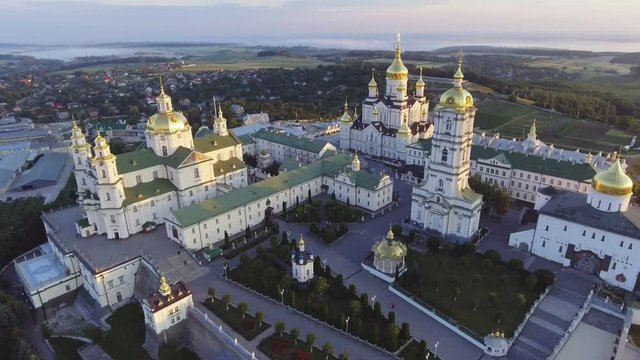 Aerial view of Holy Dormition Pochayiv Lavra, an Orthodox monastery in Ternopil Oblast of Ukraine. Eastern Europe