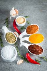 Spices in Wooden spoon. Herbs. Curry, Saffron, turmeric, rosemary, cinnamon, garlic, pepper, anise on wooden rustic background. Collection of spices and herbs. 