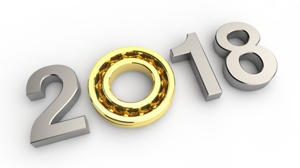 Image of silver date 2017 on white background, Golden ball bearing, the idea for the calendar, the symbol of the movement of time, idea of speed, strength and quality. 3D rendering