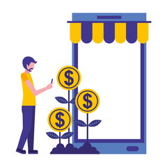 smartphone with parasol and young man