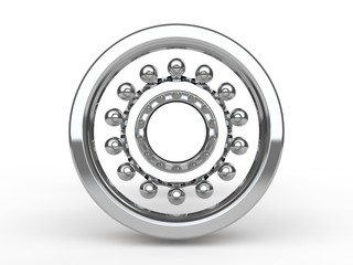 isolated image of a chrome ball bearing, item, mechanism, close-up, in the analysis. The bearing elements are arranged perpendicular to the camera. 3D rendering