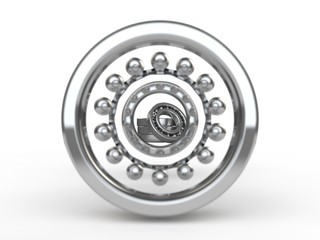 image of disassembled ball bearing, closeup, chrome, blurry depth of field. In the background a row of ball bearings. 3D rendering on white background.