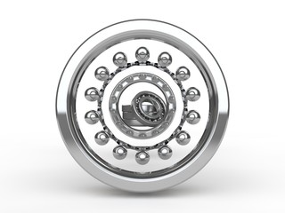 image of disassembled ball bearing, close-up, chrome. In the background a number of ball bearings, spare parts of machinery, reducer, gearbox. 3D rendering on white background