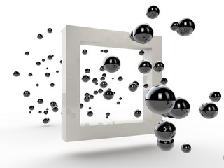 illustration of many black balls elemental particles flying through the square in white, the idea of penetration. The gates of time. Abstract image on a white background. 3D rendering