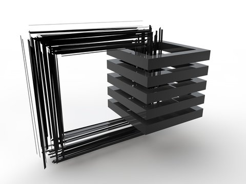 the composition of the destroyed square, exploded into many parallel long pieces of black with black squares. abstract image illustration on a white background. 3D rendering