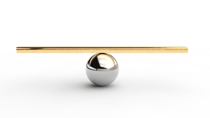 a silver sphere and a balancing rod on it. The idea of balance and precision. The ideal of perfectionist. 3D rendering on white background.