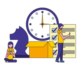 box carton with people and objects