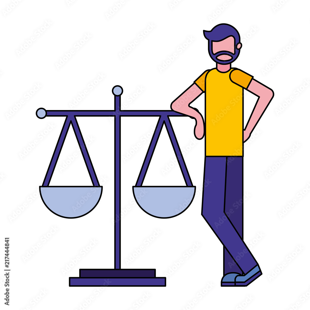 Sticker young man with balance scale isolated icon