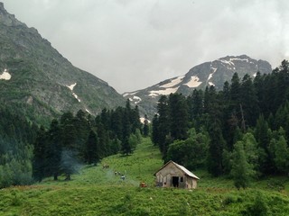 Fototapeta na wymiar green, alpine, mountain, hut, lonely, landscape, caucasus, russia