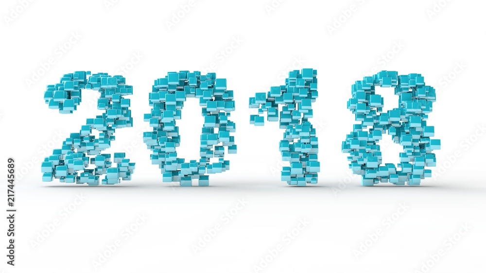 Poster 2018 date the new year from many cubes, pixels of different sizes. the blue and white. the idea for 