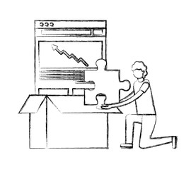 man with puzzle and chart report in to cardboard box