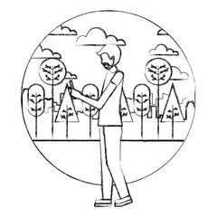 beard man using cellphone landscape nature