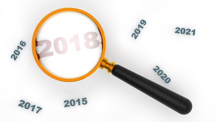 Red in 2018 and a magnifying glass, magnifier, considering the date, 2015, 2016, 2017, 2019, 2020. the idea of the search, improve, navigation. The idea for the calendar. 3D rendering