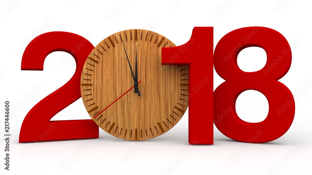 Poster red pushed the numbers 2018 and wooden clock instead of zero. the idea of time and eternity. the bes
