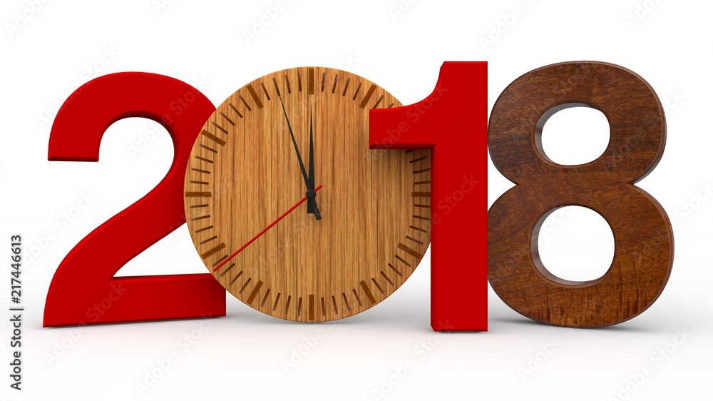 Aufkleber red and wooden figures are pushed and 2018 wooden clock instead of zero. the idea of time and eterni