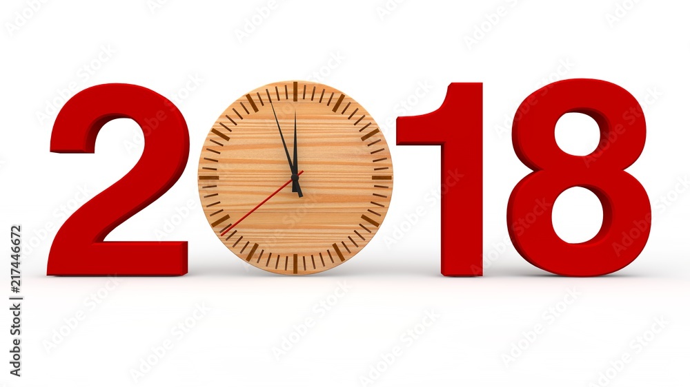 Poster 2018 and red wooden clock is zero. the idea of time and eternity. the best idea for a calendar for t