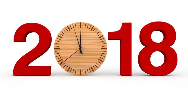 2018 and red wooden clock is zero. The idea of time and eternity. The best idea for a calendar for the year 2018, the concept of the New Year. 3D rendering on white background.