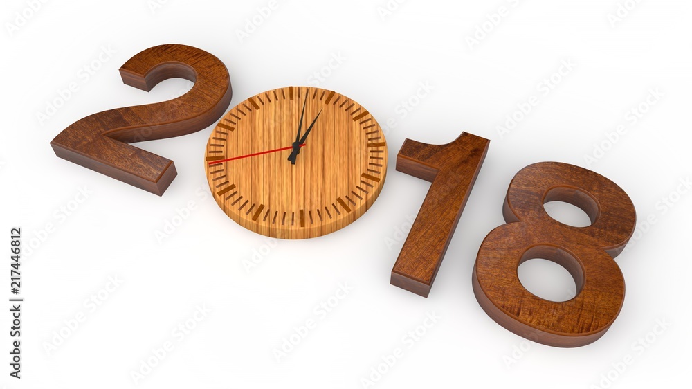 Aufkleber 2018 wood and wooden clock instead of zero. the idea of time and eternity. the best idea for a calen