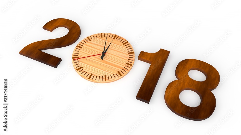 Aufkleber 2018 wood and wooden clock instead of zero. the idea of time and eternity. the best idea for a calen