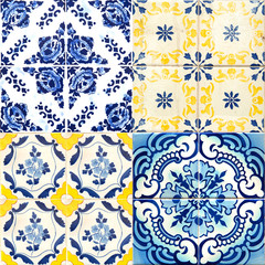 Photograph of four traditional portuguese tiles in blue and yellow