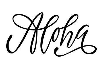 Aloha: isolated vector, calligraphic phrase. Hand calligraphy. Modern design for logo, banners emblems, prints, photo overlays, t-shirts, posters, greeting card. © madmirror