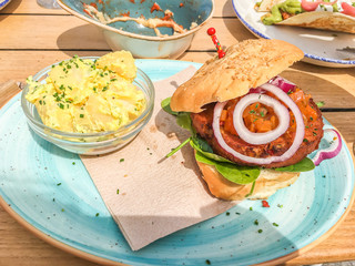 vegan burger and potatoes lunch