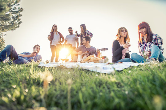 Friends Doing Picnic And Grilling Outdoors