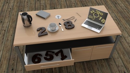 A Desk with an open drawer, in which were placed wooden figures and 2018 with a plate, Cup and spoon instead of numbers. Laptop, drive, pen, book and cord. The idea of a break, a vacation 3D rendering