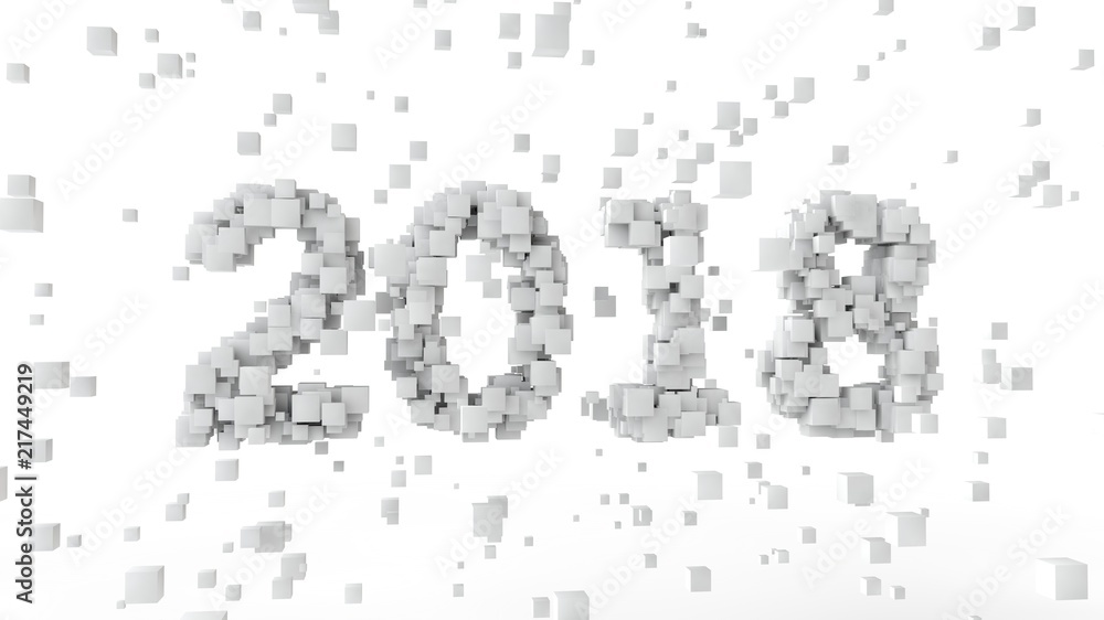 Poster in 2018, the figure formed by the set of white cubes in the flow of chaos, swarm of the array of cub