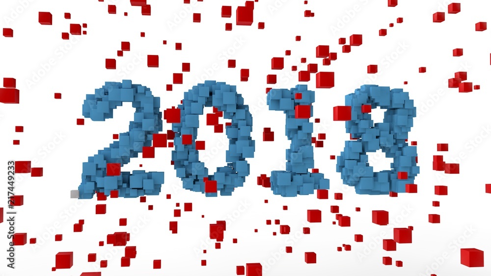 Poster in 2018, the figure formed by many blue cubes are in the stream of chaos, swarm of the array of red 