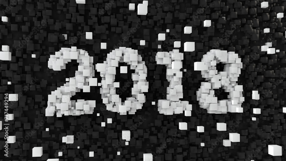 Poster in 2018, the figure formed by many gray cubes in the stream of chaos, a swarm of solid black cubes f