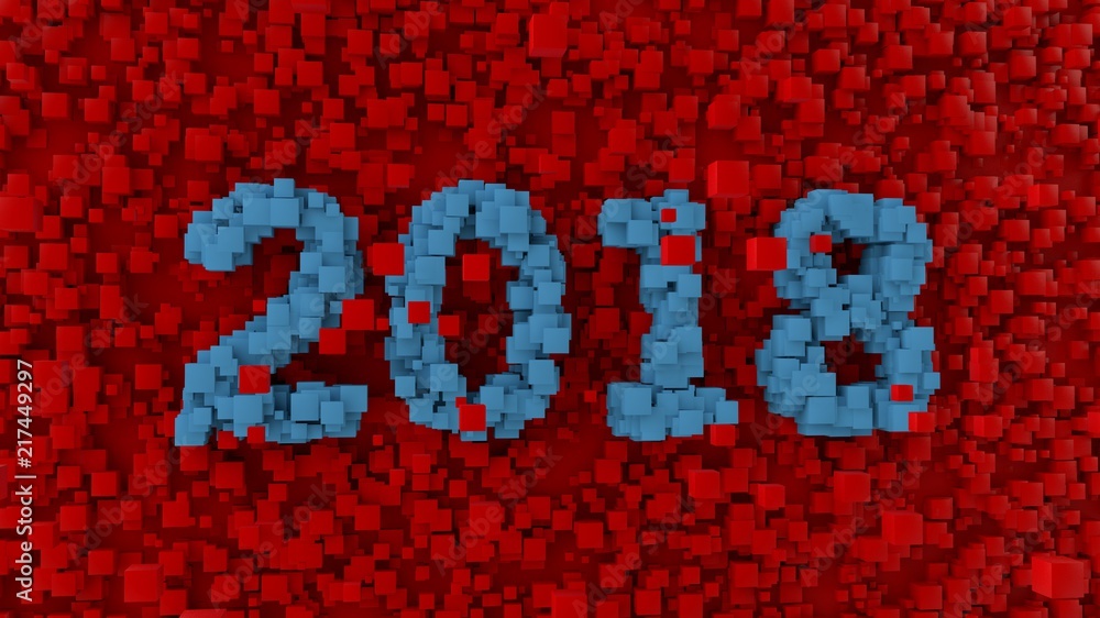 Poster in 2018, the figure formed by many blue cubes are in the stream of chaos, swarm of the array of red 