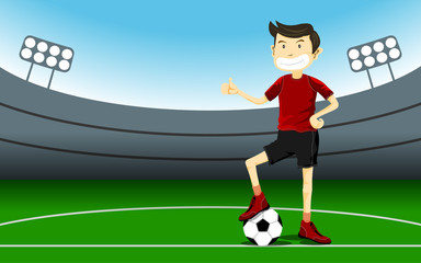 Smart handsome football player man wears a red suit smiling and give a thumb up, standing on a green background football field.