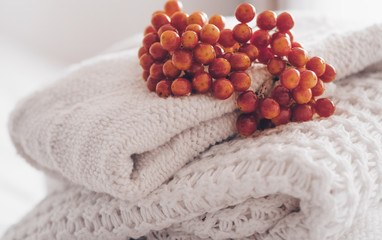 Stack of cozy knitted sweaters on warm background and with viburnum and herbarium. Autumn-winter concept