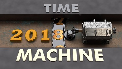 The electric motor and reducer with numbers, the date of 2018. The idea of a time machine gears moving years into the future. The idea of a holiday New year and Christmas. 3D rendering.